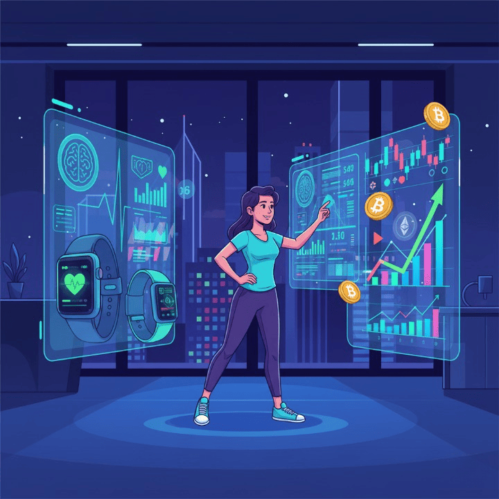 An illustration showing a person interacting with a holographic display that combines health data from wearable tech with financial investment charts, symbolizing the integration of health and wealth through biotech investments.