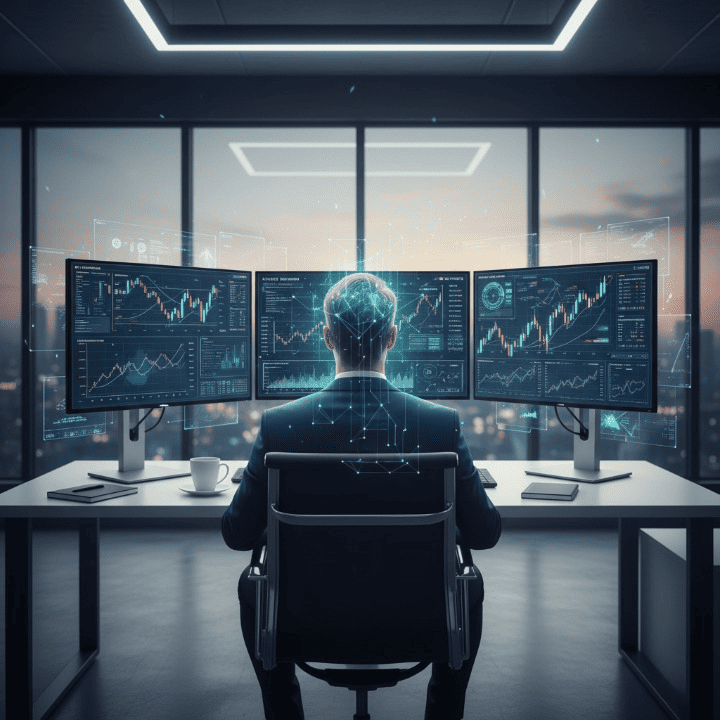 A high-performing professional focused on financial charts, demonstrating enhanced cognitive function in a modern office setting.