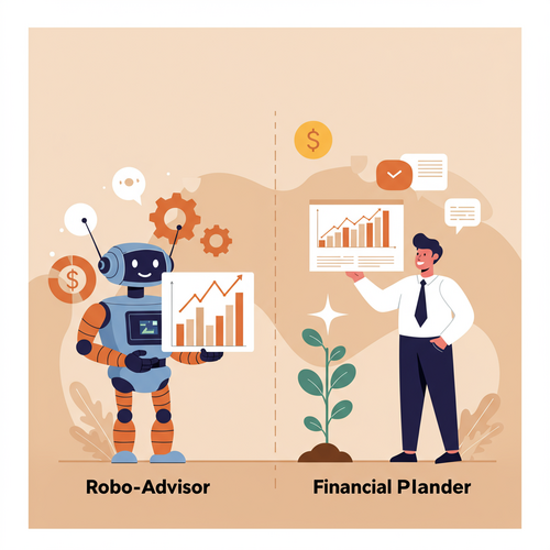 Flat design illustration comparing a robot and a human. The robot, representing robo-advisors, holds a simple investment graph. The human, representing financial planners, holds a detailed financial chart. They both look towards a symbol of financial growth, illustrating the choice between Robo-Advisors vs Human Financial Planners.