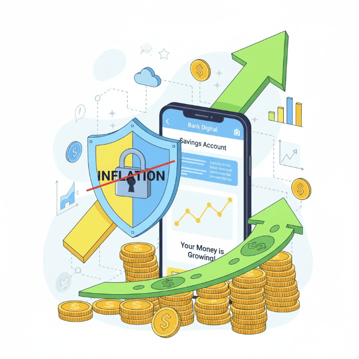 Illustration of growing savings in a high-yield account, featuring coins and digital elements, symbolizing financial security against inflation.