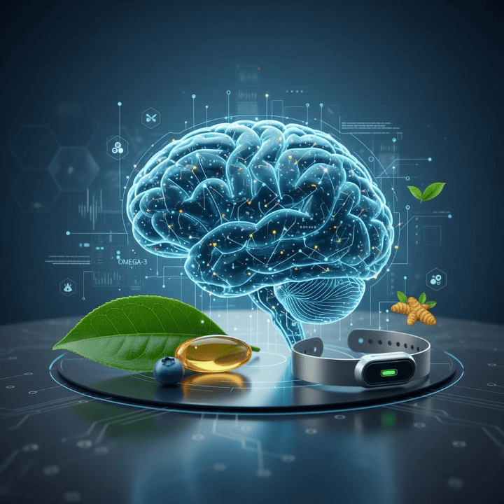 An executive looking focused, surrounded by abstract representations of enhanced brain activity and subtle images of cognitive supplements, depicting peak mental performance.