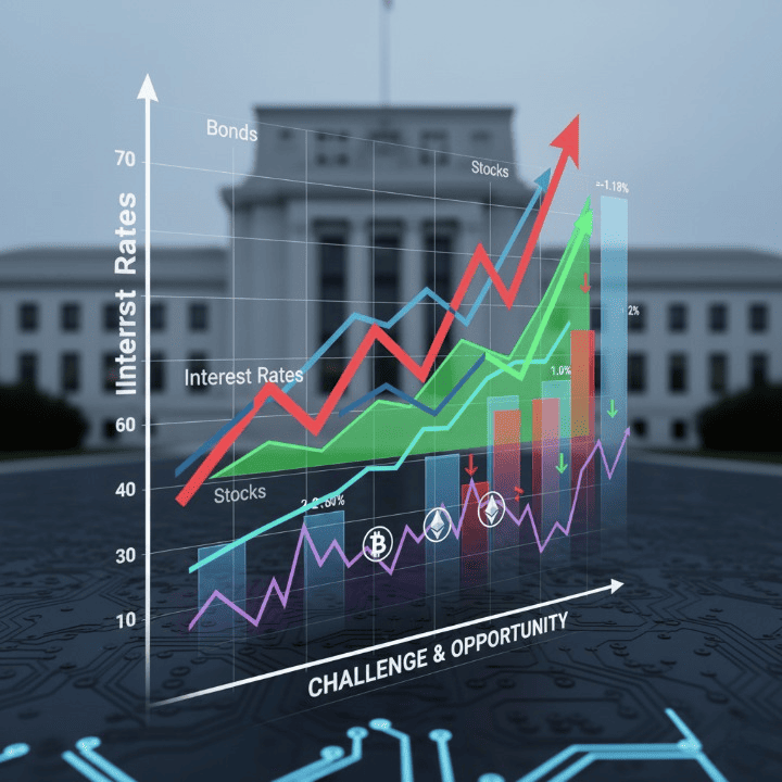 A visual representation of interest rate hikes impacting high-yield investments, showing financial graphs and a depiction of the Federal Reserve's influence on the economy.
