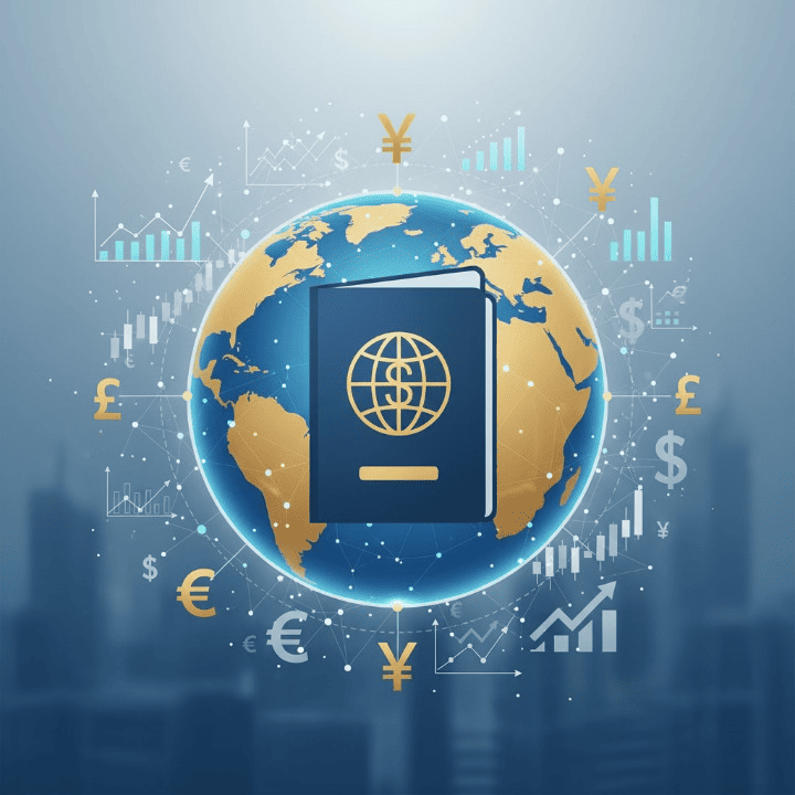 Illustration of a passport on a globe, representing a second passport obtained through financial investment and global mobility.