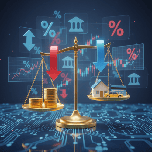Illustration of financial balance scales showing interest rates affecting savings and loans, symbolizing economic decision-making.