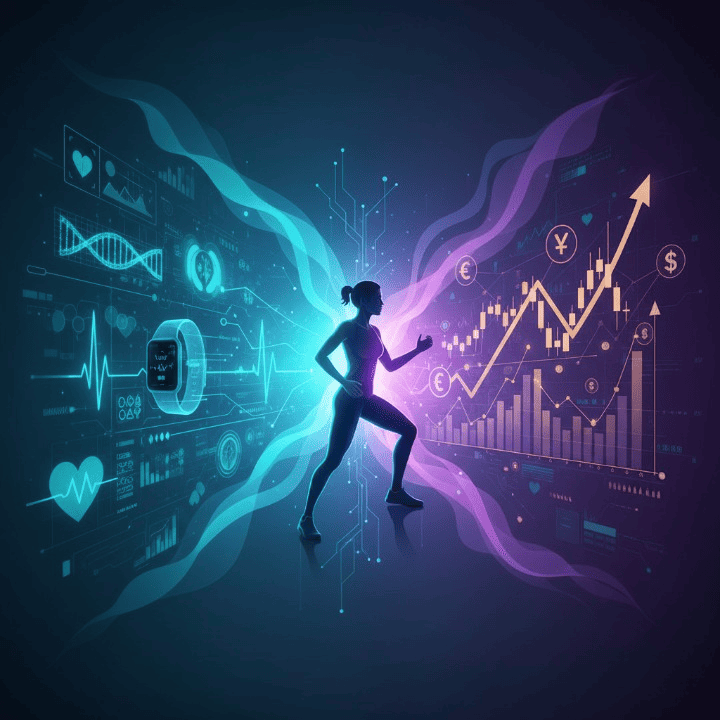 A visual representation of high-tech wellness investing, showing a blend of biometric data, financial graphs, and a healthy individual.