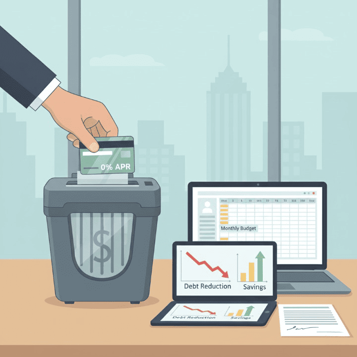 A hand holding a credit card with 0% APR, overlooking a stack of coins and a calculator, symbolizing debt payoff and financial relief.