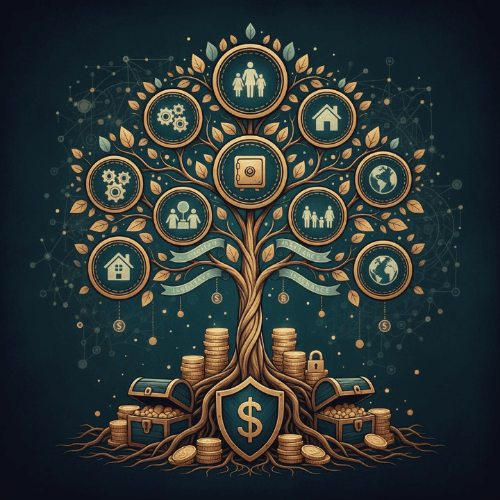 An illustration of a thriving family tree rooted in financial stability, symbolizing life insurance for high-net-worth individuals and their legacy planning.