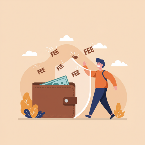 A flat design illustration of a traveler with a protected wallet, metaphorically avoiding foreign transaction fees, surrounded by playful representations of money and travel elements.