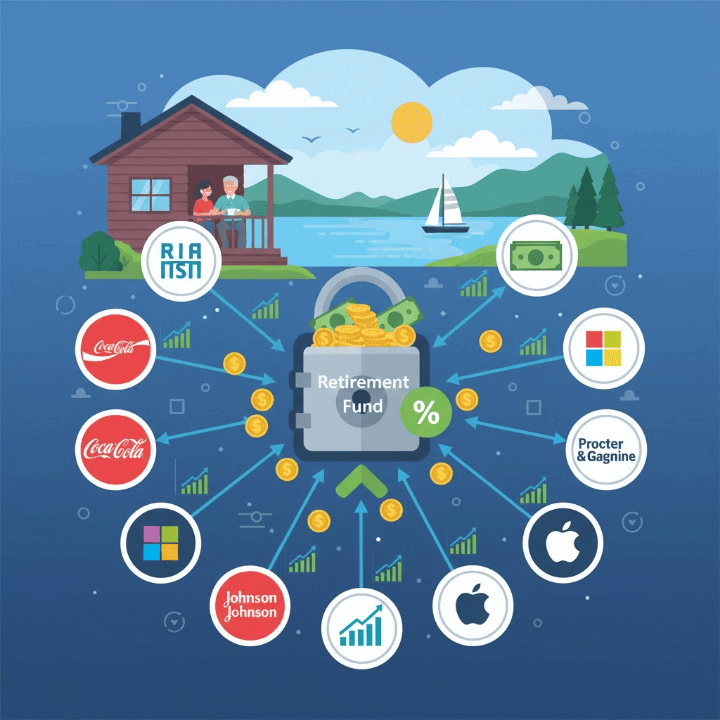 Illustration of a diverse dividend stock portfolio, including growing dividend payments, various company stocks, and a secure retirement fund, symbolizing passive income and financial security.