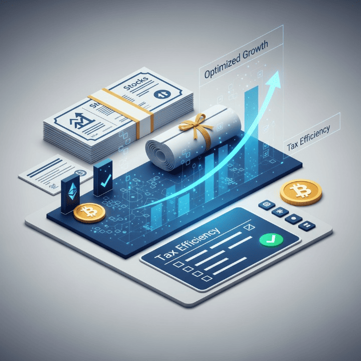 Illustration of a diverse investment portfolio being optimized through tax-loss harvesting for a high-net-worth individual, featuring stocks, bonds, and cryptocurrencies.