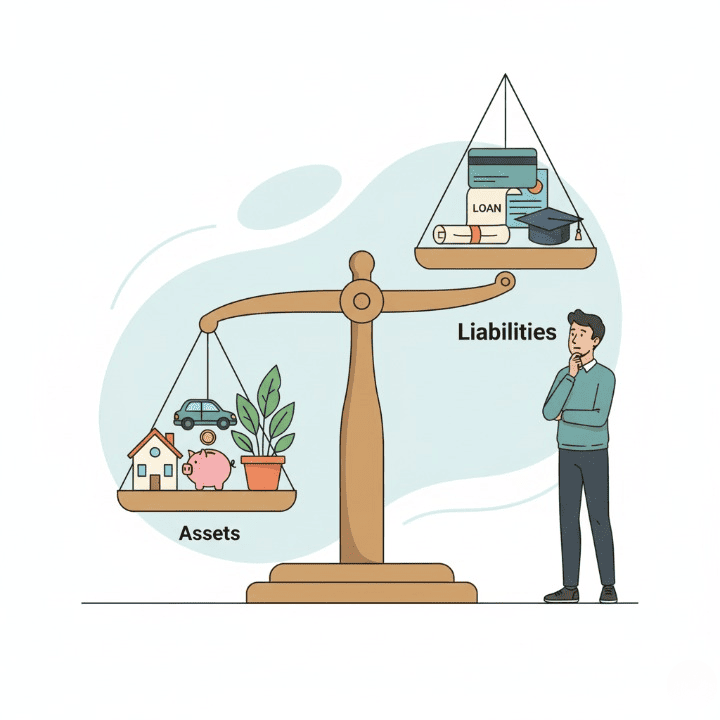 An illustrative drawing of a balance scale weighing assets (a house, car, savings) against liabilities (a credit card, loans). The scale is tipping towards the assets, symbolizing a positive net worth and good financial health.