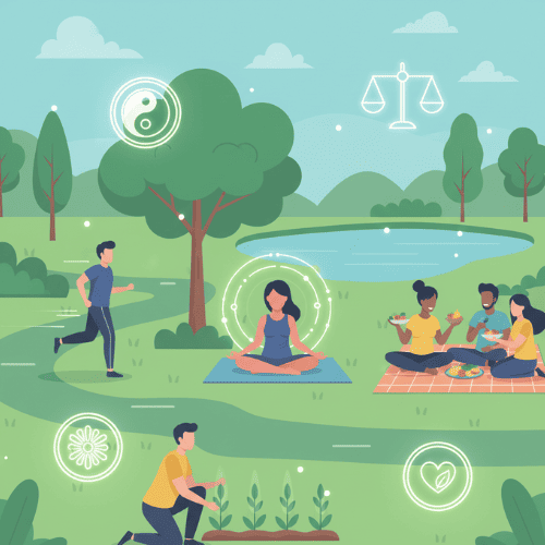 Illustration of people practicing meditation, exercise, healthy eating, and gardening, symbolizing holistic health and well-being.