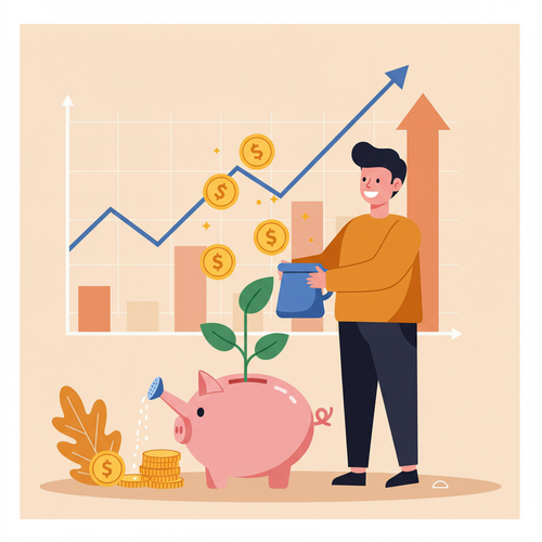 Flat design illustration of a person happily watering a money plant growing out of a piggy bank, symbolizing growth in High-Yield Savings Accounts, with financial symbols indicating wealth accumulation and beating inflation.