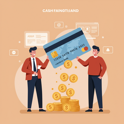 Flat design illustration of a business professional collecting cash back coins from a business credit card, symbolizing maximizing rewards on ad spend. The image uses warm earth tones, soft blues, and muted oranges, and a friendly cartoon style.