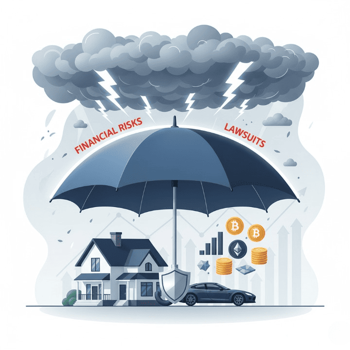 An umbrella protecting a home, car, and investment symbols from a storm, representing comprehensive liability protection.