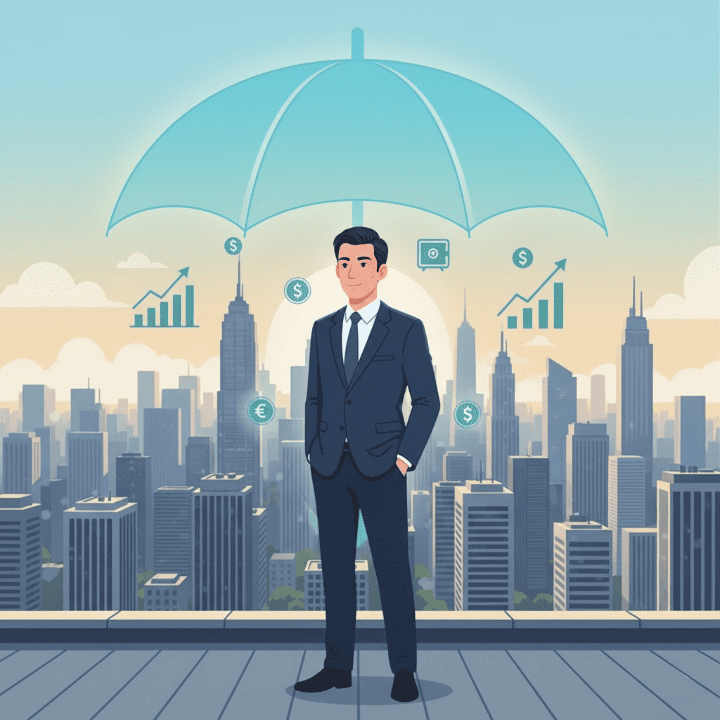 High-net-worth individual protected by umbrella insurance, symbolizing comprehensive asset and liability coverage.