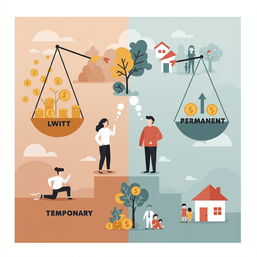Flat design illustration depicting two paths, one temporary and one permanent, representing Whole Life vs Term Life Insurance. Two cartoon figures are deciding between these paths, with financial symbols in the background. The image uses a limited palette of warm earth tones, soft blues, and muted oranges.