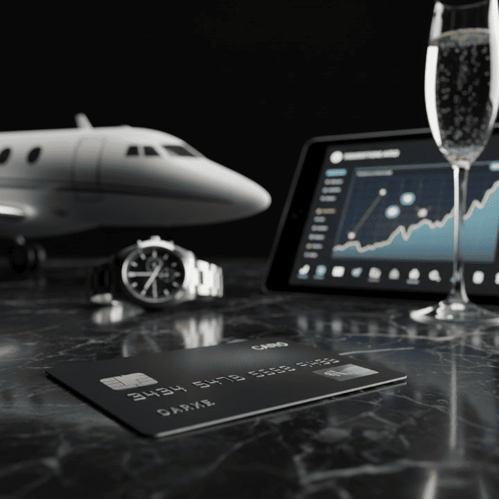 A black credit card, symbolizing luxury and exclusivity, resting on a marble surface with blurred luxurious background elements like a private jet and financial charts.