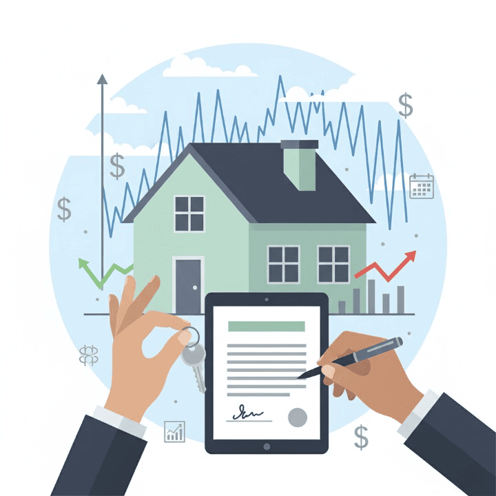 A house with an upward and downward trending interest rate graph behind it, and hands exchanging keys to represent a mortgage refinance. Financial documents and a calculator are on a desk.