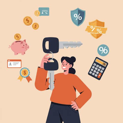 Flat design illustration of a person confidently holding car keys, surrounded by conceptual icons representing strategies to lower auto insurance premiums, such as a piggy bank, discount shields, and a calculator, all in a friendly, cartoon style.