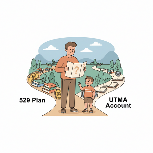 Flat design illustration of a parent and child at a crossroads, with paths representing a 529 plan vs UTMA account for college savings. The parent looks at a map, deciding on the best financial route. The style is cartoon with clean lines and a limited color palette.