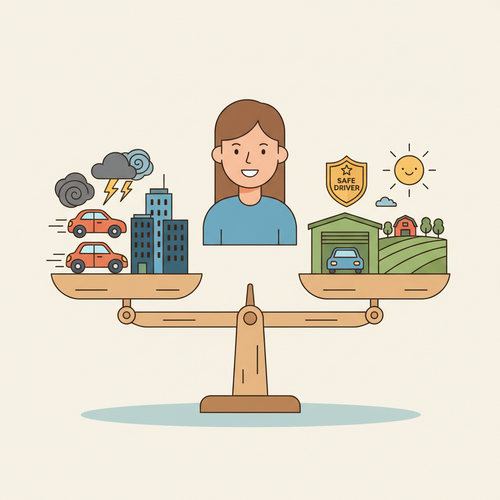 A flat design illustration of a person standing between two sides of a scale. One side has symbols of high-risk factors affecting car insurance premium, such as a fast car, a damaged car, and city buildings. The other side shows low-risk factors, like a trophy, a car in a garage, and a house in a calm setting. The style is cartoonish with clean lines and warm, muted colors, representing the various elements that influence car insurance costs.