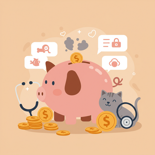 Flat design illustration of a dog-shaped piggy bank and a cat-shaped piggy bank with a stethoscope, representing the decision if pet insurance is worth it for managing veterinary costs.