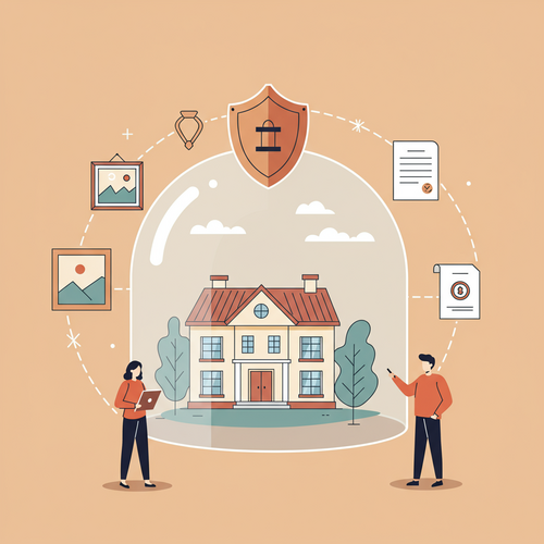 A flat design illustration of a luxurious house protected by a transparent dome, symbolizing high-value homeowners insurance, with icons of valuable personal property nearby.