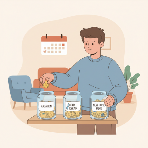 A flat design illustration of a person putting coins into several transparent jars labeled for different financial goals like "Vacation" and "Car Repair," representing the creation of a sinking fund budget.