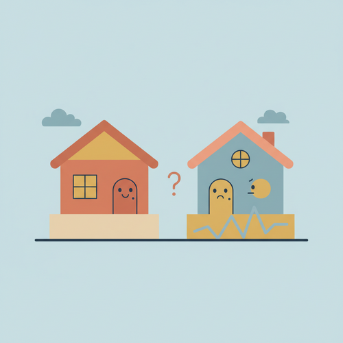 A flat design illustration depicting two cartoon-style houses, one stable representing fixed-rate loans and another with a wavy base for adjustable-rate mortgages, illustrating the choice between Adjustable-Rate Mortgages vs. Fixed-Rate Loans.