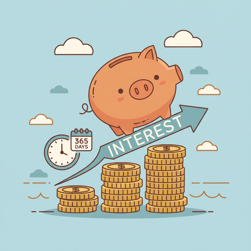 A flat design illustration showing a piggy bank on a stack of coins with an upward interest rate arrow. The image represents the concept of CDs current interest rates and their growth over time.