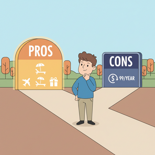 A flat design illustration of a person contemplating two paths labeled "PROS" and "CONS" at a crossroads, representing the decision of whether premium credit card annual fees are worth it, in a cartoon style with warm earth tones and soft blues.