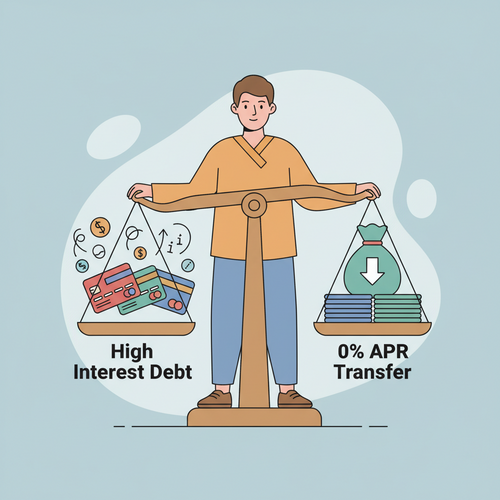A flat design illustration of a person confidently balancing credit cards on a scale. One side, representing high interest debt, is light, while the other side, representing a 0% APR balance transfer, is heavy and stable. This depicts the concept of the "Best 0% Intro APR Credit Cards for Balance Transfers."