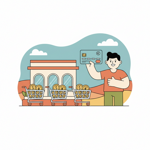 Flat design illustration of an e-commerce store with a happy business owner using one of the best business credit cards for e-commerce, surrounded by symbols of cashback and points.
