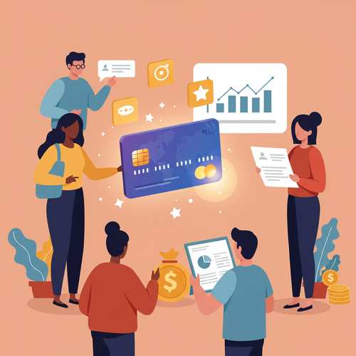 Flat design illustration of diverse startup founders analyzing a business credit card and financial charts. The scene depicts strategic financial management and the best business credit cards for startups, emphasizing growth and rewards.