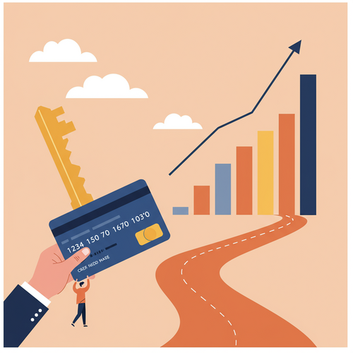 A flat design illustration of a person holding a secured credit card key, using it to unlock a path with rising bar graphs symbolizing the improvement of a credit score. The image represents the process of using the best secured credit cards to rebuild credit quickly.