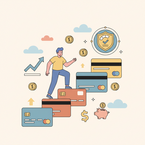 A flat design illustration of a person climbing steps made of secured credit cards towards a goal, symbolizing the journey to rebuild credit. The person has a determined, friendly expression. The background is simple, with subtle elements representing financial growth, and the overall color palette features warm earth tones and soft blues. This image conceptually represents the process of using the best secured credit cards to rebuild credit fast in 2026.