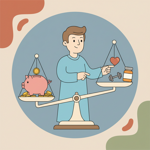 A flat design illustration of a person balancing a scale. One side holds a full piggy bank, symbolizing financial resources, while the other side contains icons representing health: a heart, a dumbbell, and a vitamin bottle. This visually represents the concept of budgeting for preventative health in a balanced way, with friendly cartoon characters and warm, muted colors.
