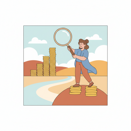 Flat design illustration of a person on a small hill of coins, looking towards a large hill of coins in the distance, symbolizing building a million-dollar portfolio with low-cost index funds and ETFs. The person holds a magnifying glass, in a cartoon style with warm earth tones.