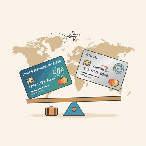 Flat design illustration comparing Chase Sapphire Preferred vs Capital One Venture. Two stylized credit cards are on a seesaw, symbolizing a decision. One card is blue/green (Chase), the other silver/gold (Capital One). The background features subtle travel elements like a world map and airplane. The image has clean lines, a friendly cartoon style, and a limited color palette.