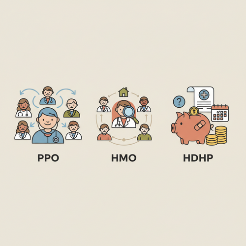 Flat design illustration comparing three stylized health insurance plan icons: PPO, HMO, and HDHP. The image visually represents the concept of comparing health insurance plans, with characters symbolizing choices and benefits.