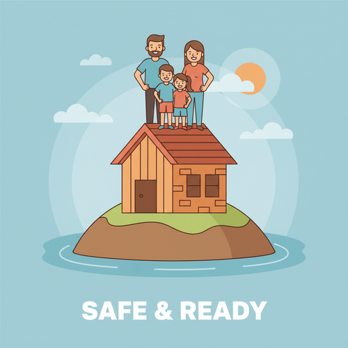 Flat design illustration of a family standing on a house on a small hill, surrounded by rising blue water, symbolizing flood risk and the need for flood insurance. The house looks secure and protected.