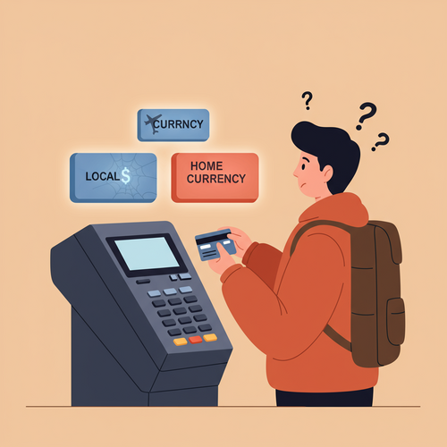 A flat design illustration of a confused traveler at a payment terminal, contemplating choices between "Local Currency" and "Home Currency" buttons, with the latter subtly indicating a hidden trap. The image represents the Dynamic Currency Conversion trap in travel finance.