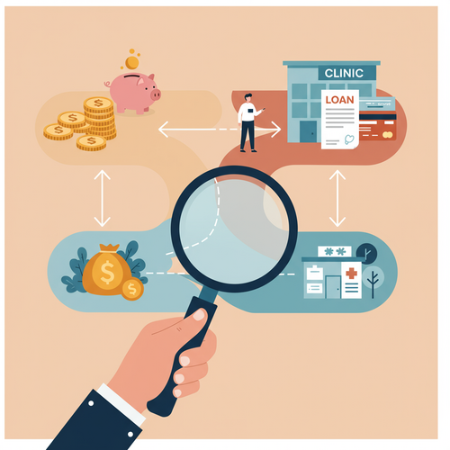 A flat design illustration showing a person considering different financial paths. On one side are savings, represented by a piggy bank and coins. On the other side are credit cards and loan documents, representing credit options. The person uses a magnifying glass to examine these choices, leading towards a stylized clinic building, symbolizing the decision-making process for financing cosmetic surgery. The style uses warm earth tones, soft blues, and muted oranges, with clean lines and minimal shading.
