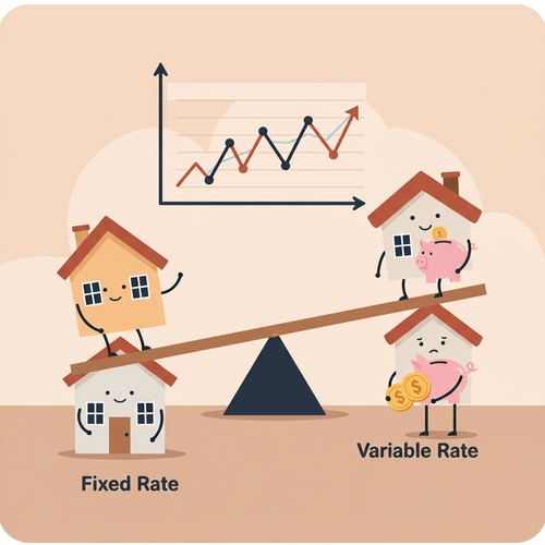 A flat design illustration depicting a seesaw with two houses. One side represents a fixed rate mortgage with a stable base and a calm character. The other side shows a variable rate mortgage with a wobbly base and a character considering financial implications. An arrow points to a fluctuating interest rate chart above, symbolizing the decision between a Fixed vs Variable Rate Mortgage.