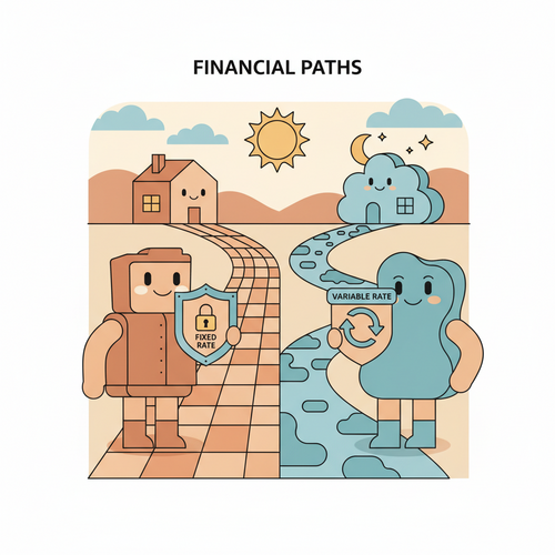 A flat design illustration showing two cartoon characters, one representing a HELOC with a variable interest rate symbol and the other a Home Equity Loan with a fixed interest rate symbol, contemplating financial paths next to a house, illustrating HELOC vs Home Equity Loan interest rates.