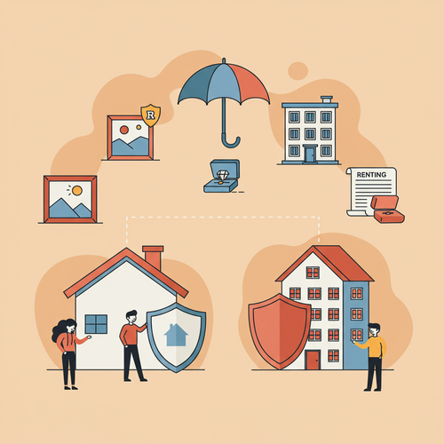 Flat design illustration showing the comparison between homeowners and renters insurance for high-value items. A house icon and an apartment icon flank valuable items like a painting and a jewelry box, all under a protective shield. The scene conceptualizes Homeowners vs Renters Insurance for High-Value Items.