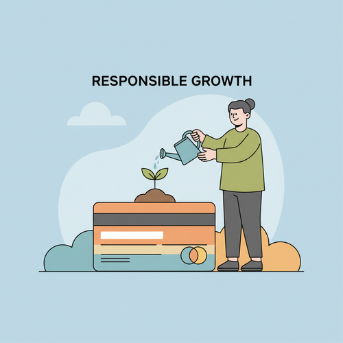 A flat design illustration of a business owner carefully managing a stack of credit cards that form the base of a growing plant, symbolizing responsible use of Credit Card Stacking for Startup Capital and financial growth.