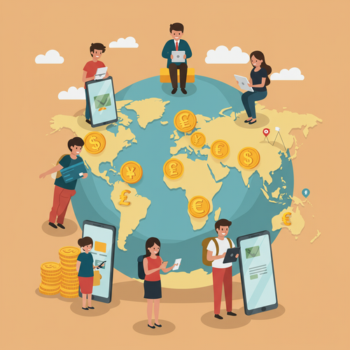 An illustration of diverse travelers smiling and confidently using credit cards and mobile banking apps around a conceptual world map, symbolizing strategies to avoid international travel fees effectively.