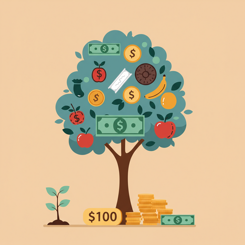 A flat design illustration showing a small seedling growing into a strong, diversified tree with different leaves and fruits, representing how to build a diversified investment portfolio with $1,000.